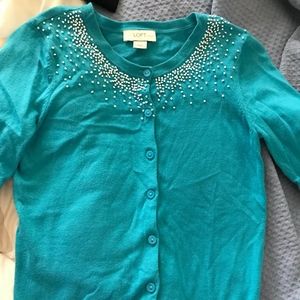 LOFT Turquoise White Beaded Cardigan